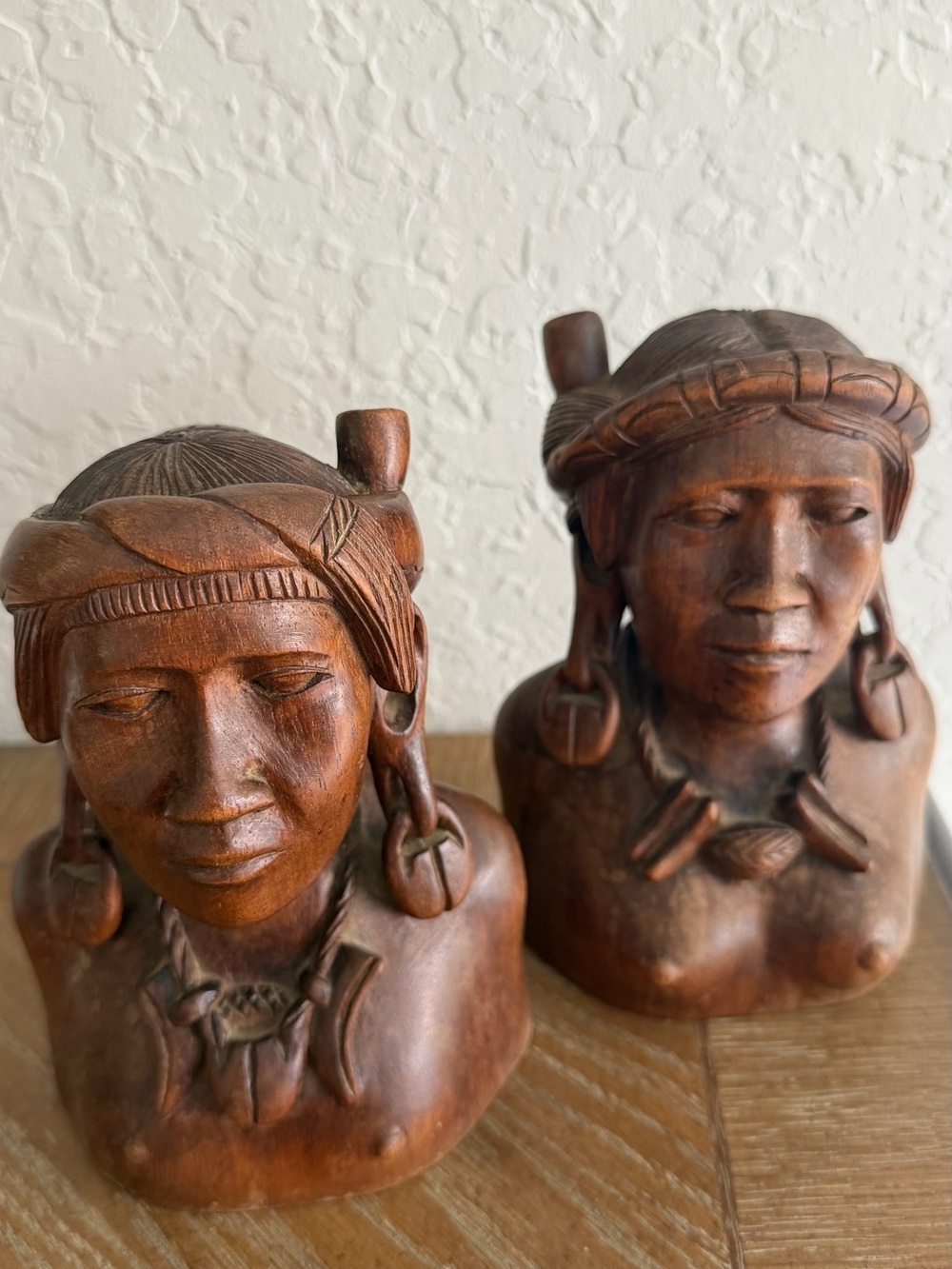 Hand-Carved Wooden Tribal Bust Sculptures - Brown